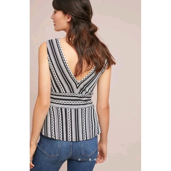 Vanessa Virginia Anthropologie Black & White V-Neck Upton Peplum Cropped Large - Picture 2 of 5